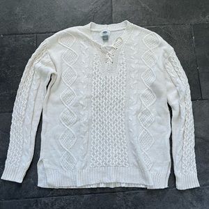 White Knit Sweater with Criss Cross Neckline